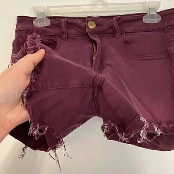 AMERICAN EAGLE Super Stretch Hi-Rise Shortie Burgundy Maroon Red Raw Hem Shorts - Picture 9 of 15